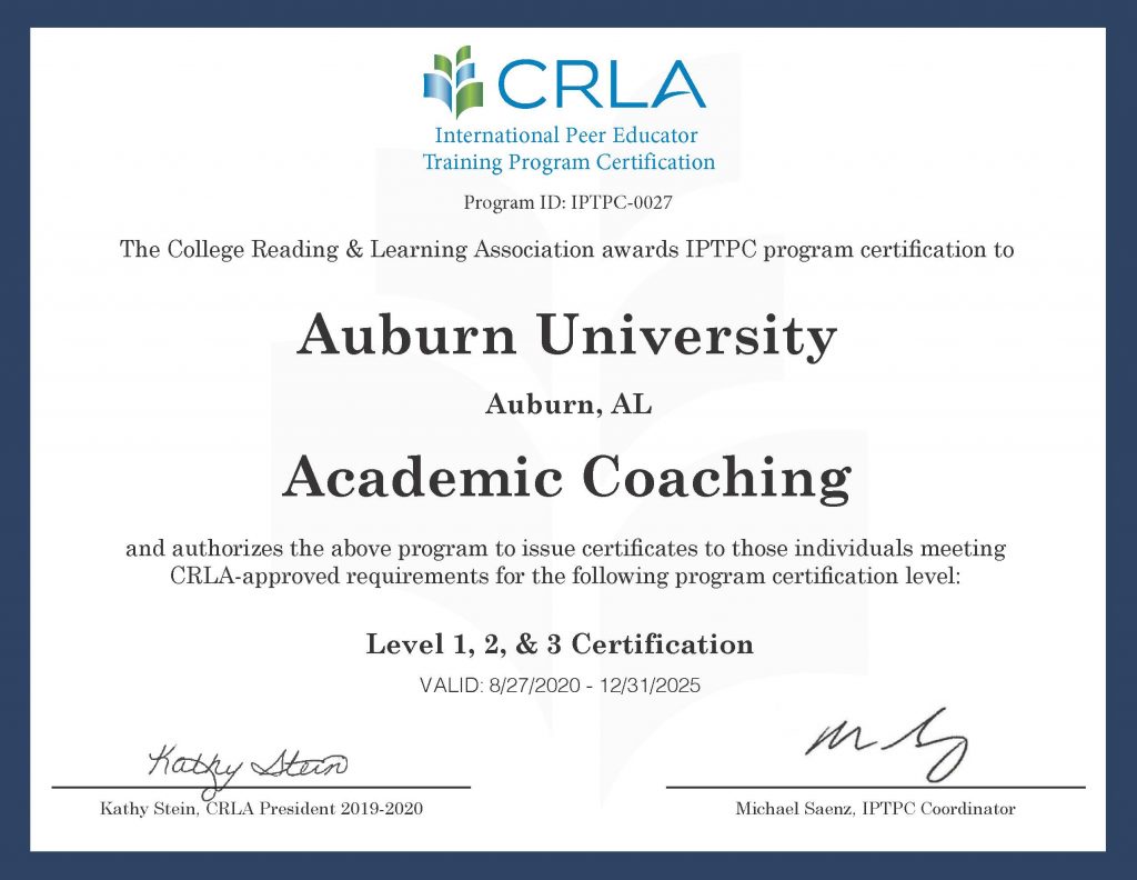 Image of the Academic Coaching Certificate of Academic Coaching CRLA IPTPC Program Level III Program Certification