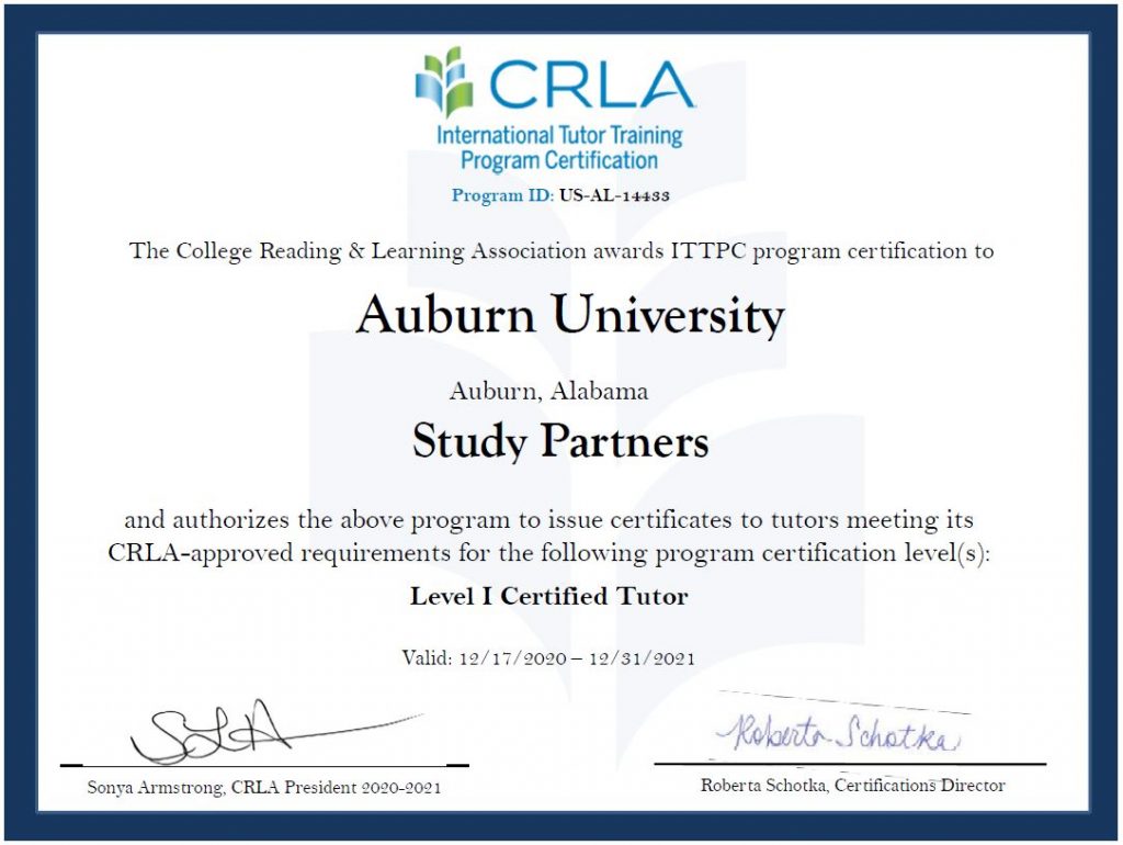 Image of the Level I CRLA ITTPC Certification for Study Partners Peer Tutoring Program